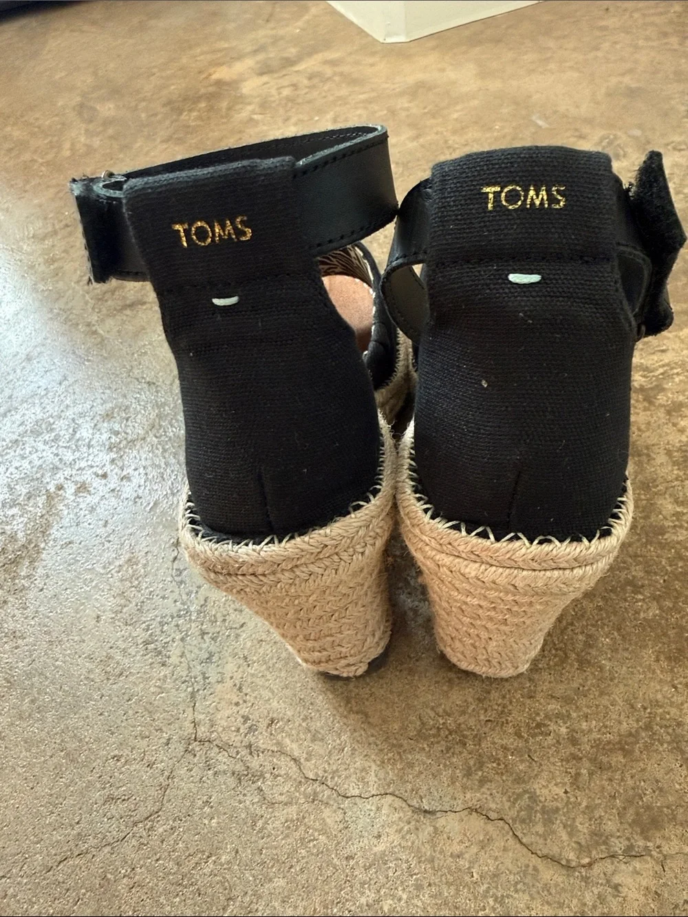Toms Black Canvas Espadrille Wedge Sandals with Ankle Strap